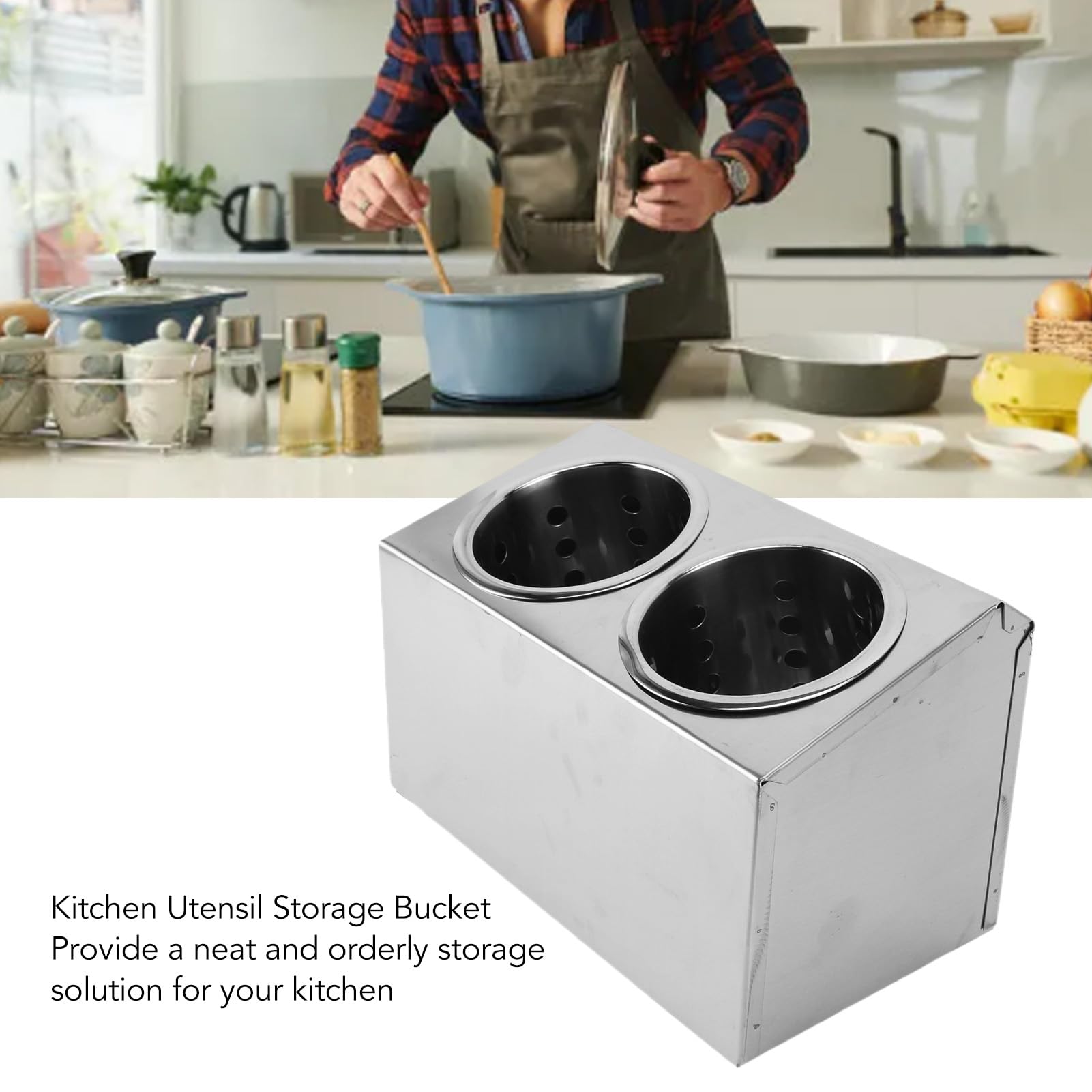 Porte-ustensiles de Cuisine, Organisateur en Acier Inoxydable pour Couteaux, Fourchettes, Cuillères, Fond Antidérapant, Multifonctionnel avec Rangement pour Baguettes, Cuillères