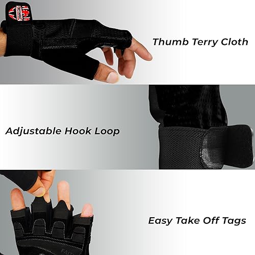 Miniatura 2 de FIGHTSENSE Guantes de entrenamiento para hombres y mujeres, guantes de levantamiento de pesas con agarre mejorado, palma acolchada, correas de Negro