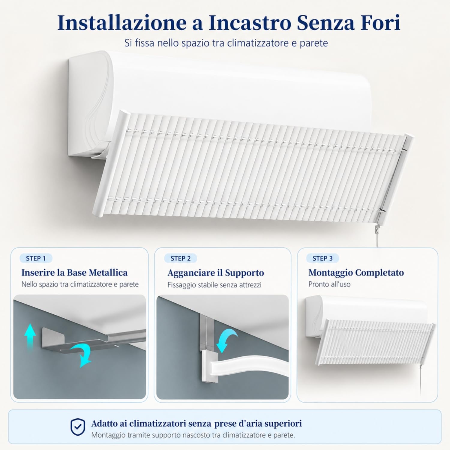 Deflettore Condizionatore Regolabile 90cm con Alette in Alluminio | Deviatore Aria Condizionatore Regolabile, Anti Soffiaggio Diretto per Casa Ufficio Camera, Senza Fori, Split 70-100cm