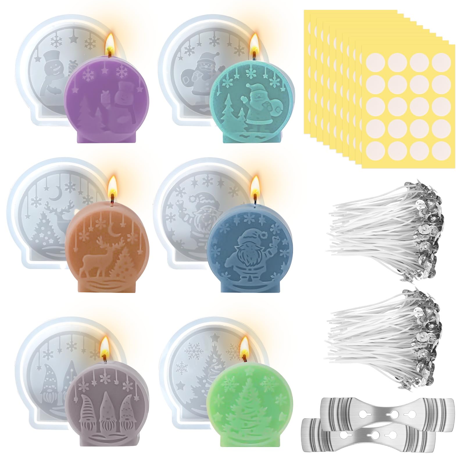 Silikonform Weihnachten Set, 6 Stück 3D Weihnachten Kerzenform+200 Wachsdochte+2 Halter+10 Aufkleber, Weihnachtsbaum Kerzenform für DIY Weihnachten Deko