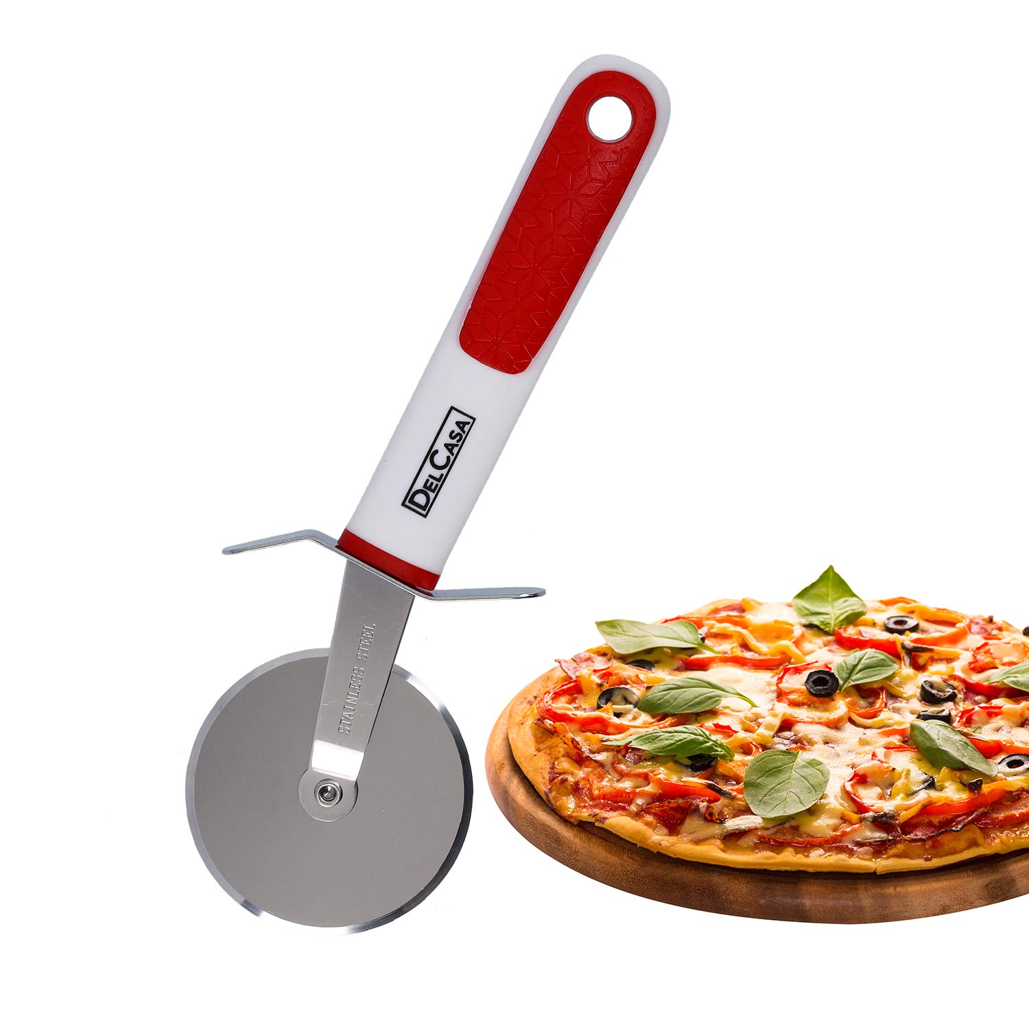 Delcasa Stainless Steel Pizza Cutter Wheel - Equipped with Ultra Sharp Blade, Slip-Proof Ergonomic Handle and Classic Design - Ideal for Pizza, Pies, Waffles and Dough Cookies