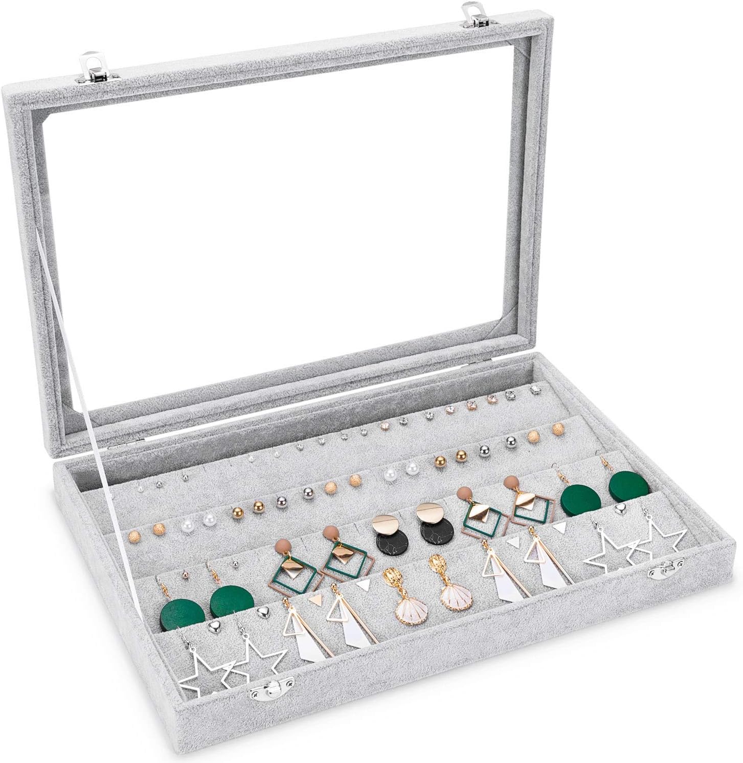 BASUWELL Earrings Pendant Velvet Glass Display Storage Holder Jewellery Earring Storage Box Case Organiser