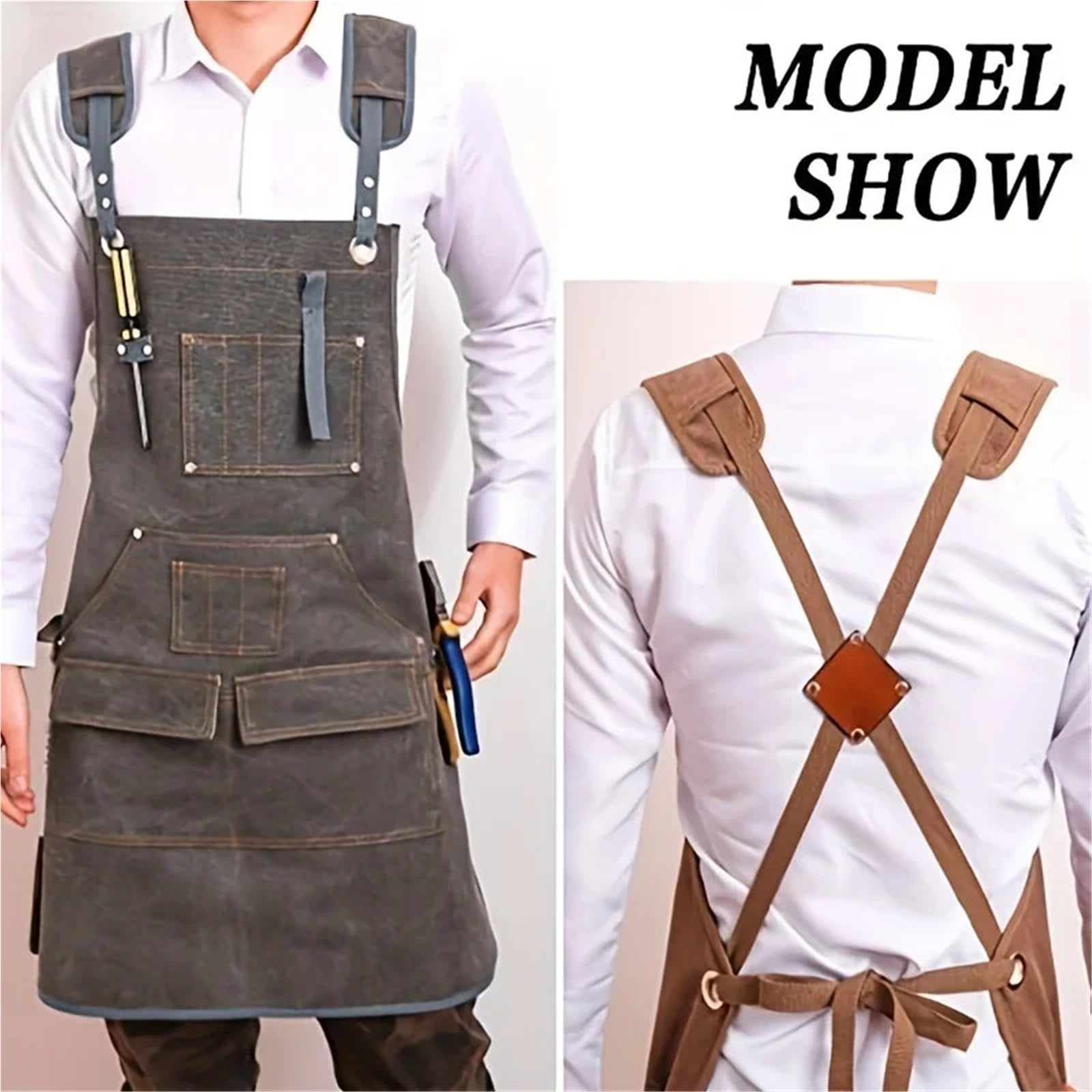 Tablier de travail en toile de coton avec poches, sangle en cuir réglable pour le travail du bois, le jardinage et l'atelier