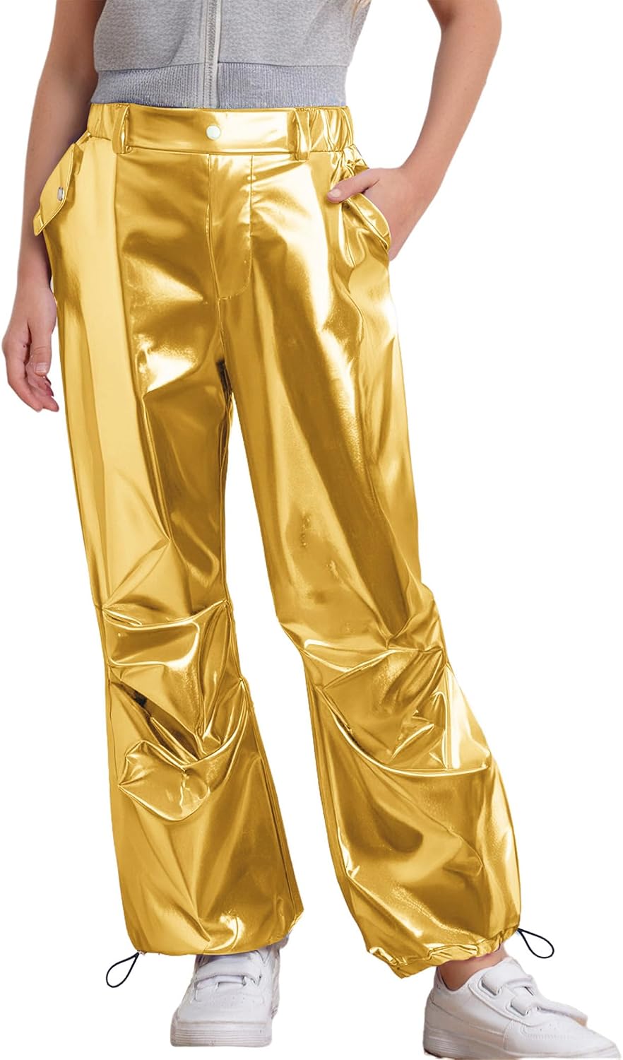 Kids Girls Metallic Jogger Pants Shiny Jazz Street Hip Hop Dance Pants Convertible Leg Opening Trousers