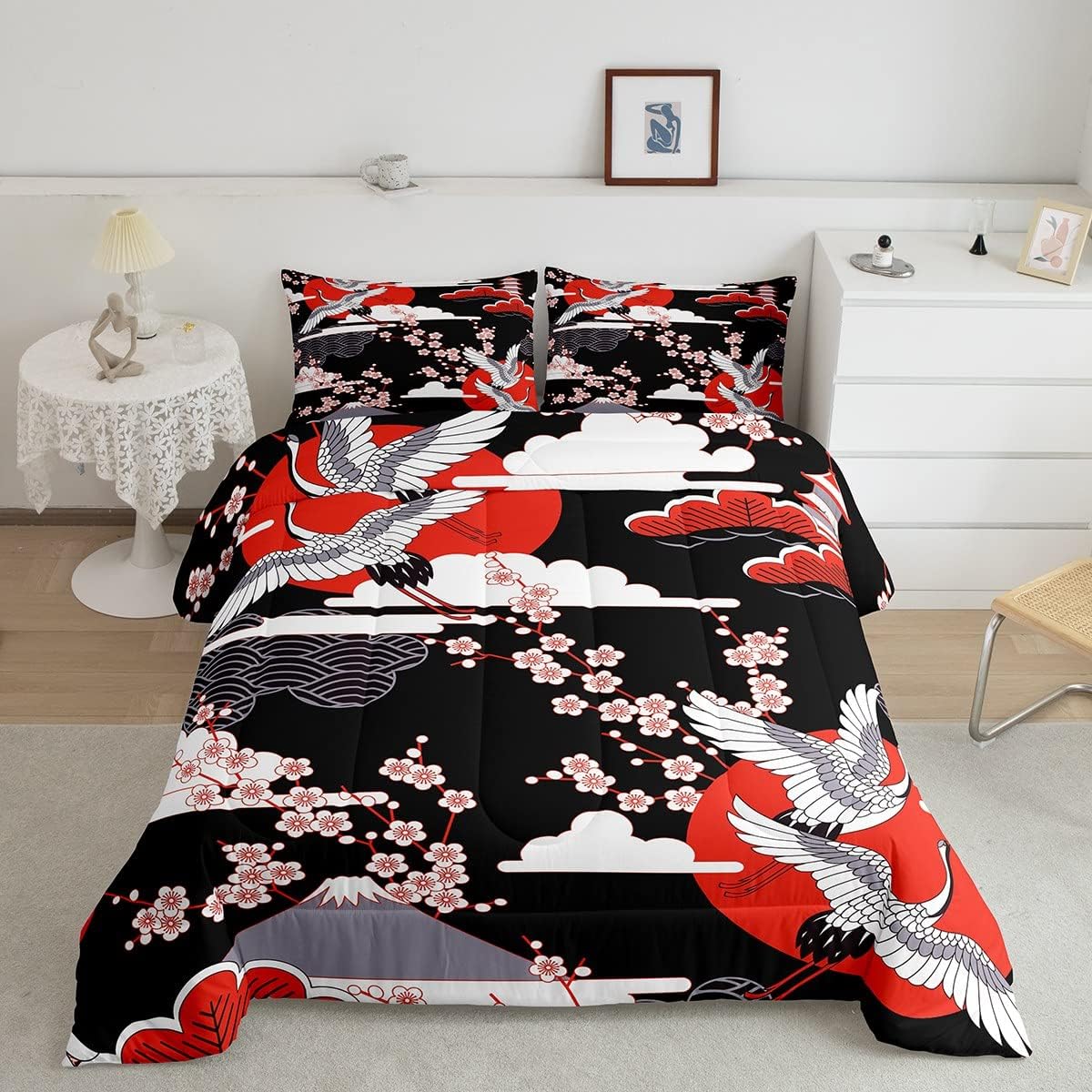 JapaneseStyle Comforter Set Twin Size Crane Printed Cherry Blossoms Decor Down