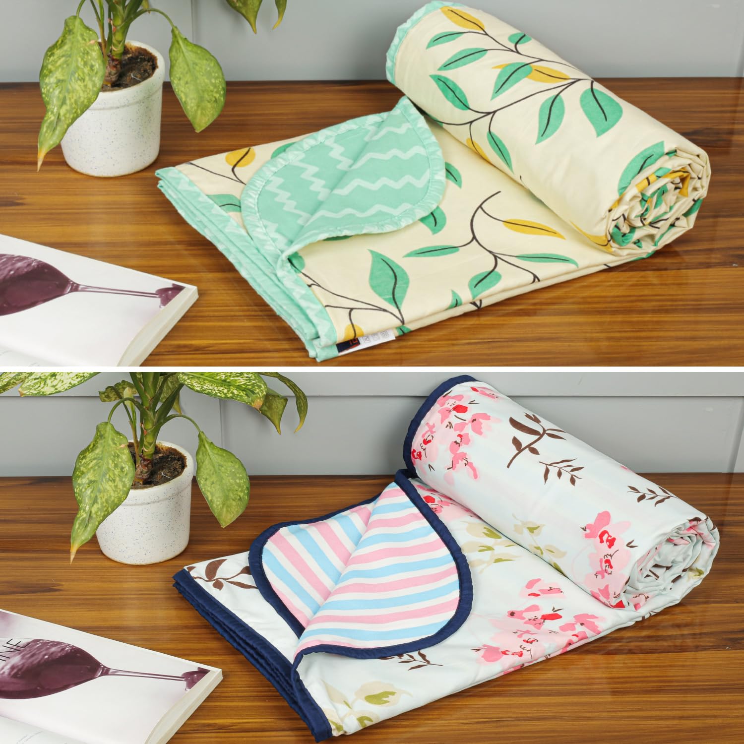 BSB HOME Pure Cotton 120 GSM Reversible Soft Lightweight Printed Single Bed Blanket/AC Dohar/Skin Friendly Dohar- Pack of 2 (152 x 225 cm- White Pink and Green)