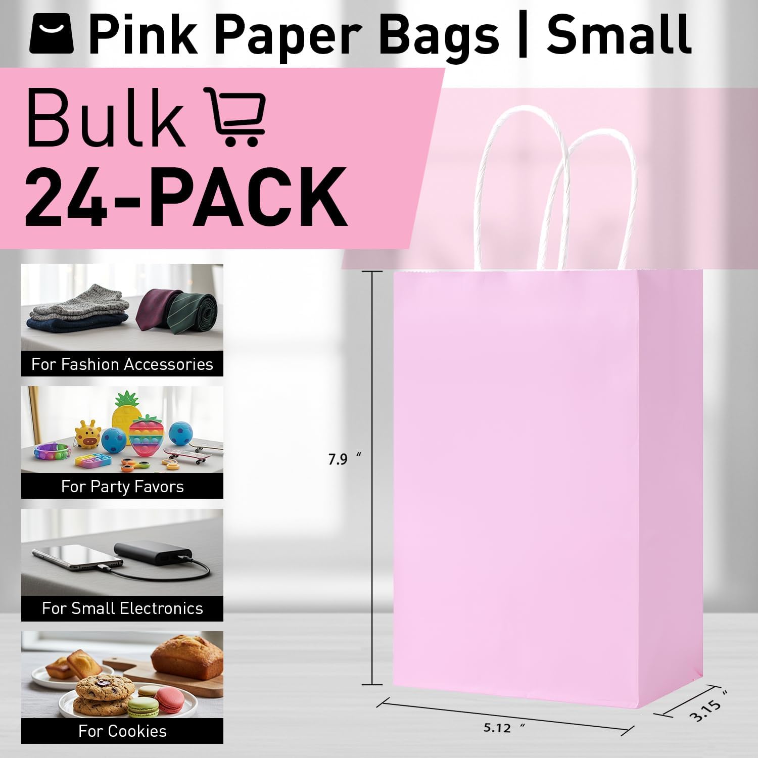 SUNCOLOR 24-Pack Pink Gift Bags with Handles, Small Kraft Paper Goodie Bags, Includes Tissue Paper for Baby Showers, Birthdays, Bridal Showers, 7.9x5.12x3.15 Inches - Image 2