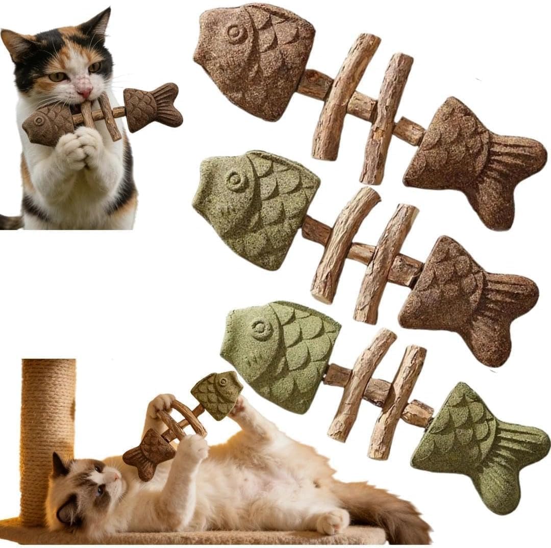 Collenatsy 3 PCS Catnip and Silvervine Chew, Natural Fishbone Chew Toy for Cats, Fishbone-Shaped Cat Dental Toy for Chewing, Licking, Pawing, Boredom Relief & Enrichment for Cats