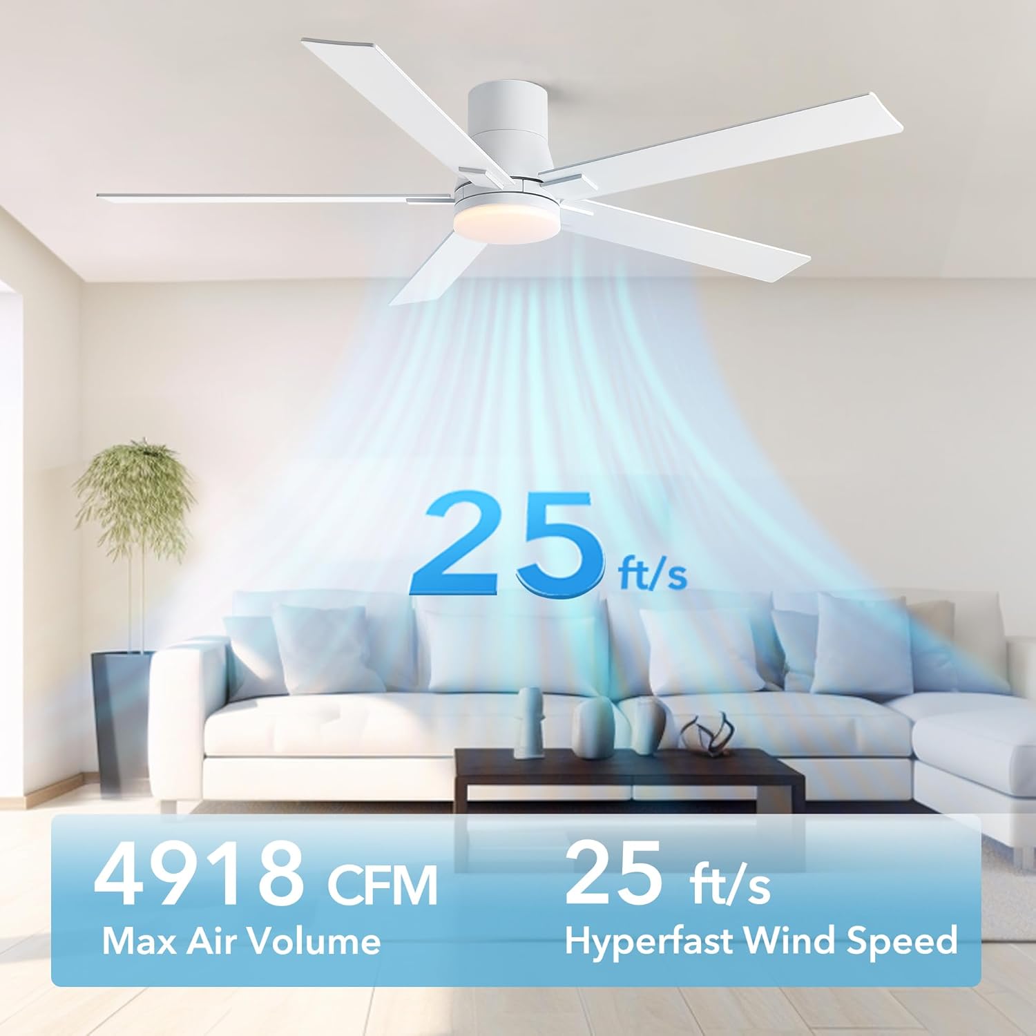 Rayqueen 60 Inch Ceiling Fans with Lights and Remote,Flush Mount White Ceiling Fan, 6 Speed Reversible DC Motor, 3CCT Dimmable LED-Low Profile Design for Bedroom, Living room & Covered Outdoor - Image 3
