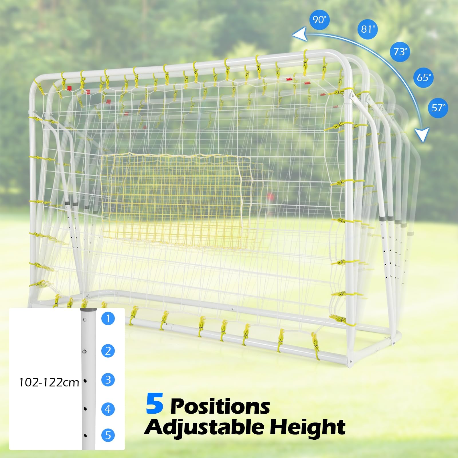 Esta Red de Rebote de fútbol 2 en 1, de 1,8 m x 1,2 m, es un Equipo de Entrenamiento de fútbol con 5 ángulos Ajustables y área Auxiliar de Tiro. Es una portería de fútbol para el entrenamien