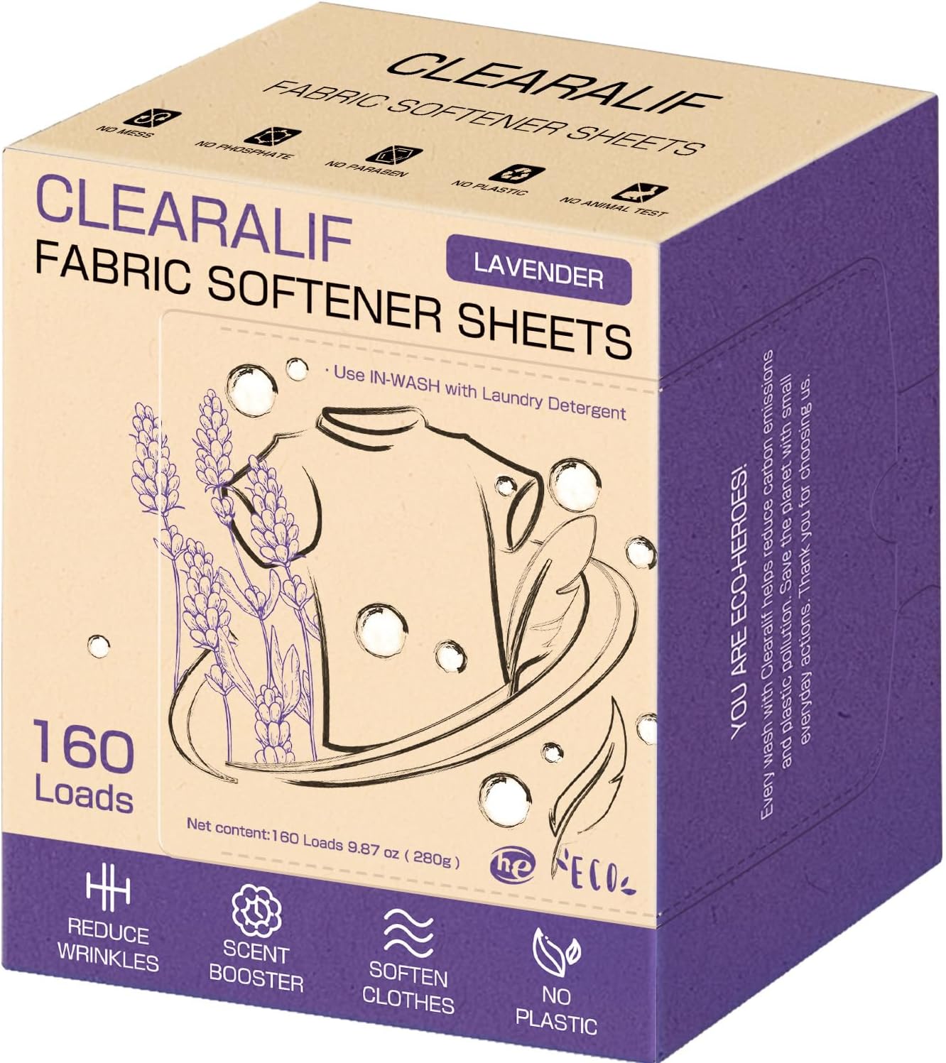 laundry Fabric Softener Sheets, Lavender Scent, 160 Loads, Eco Friendly, Great For Travel, Apartments, Dorms.