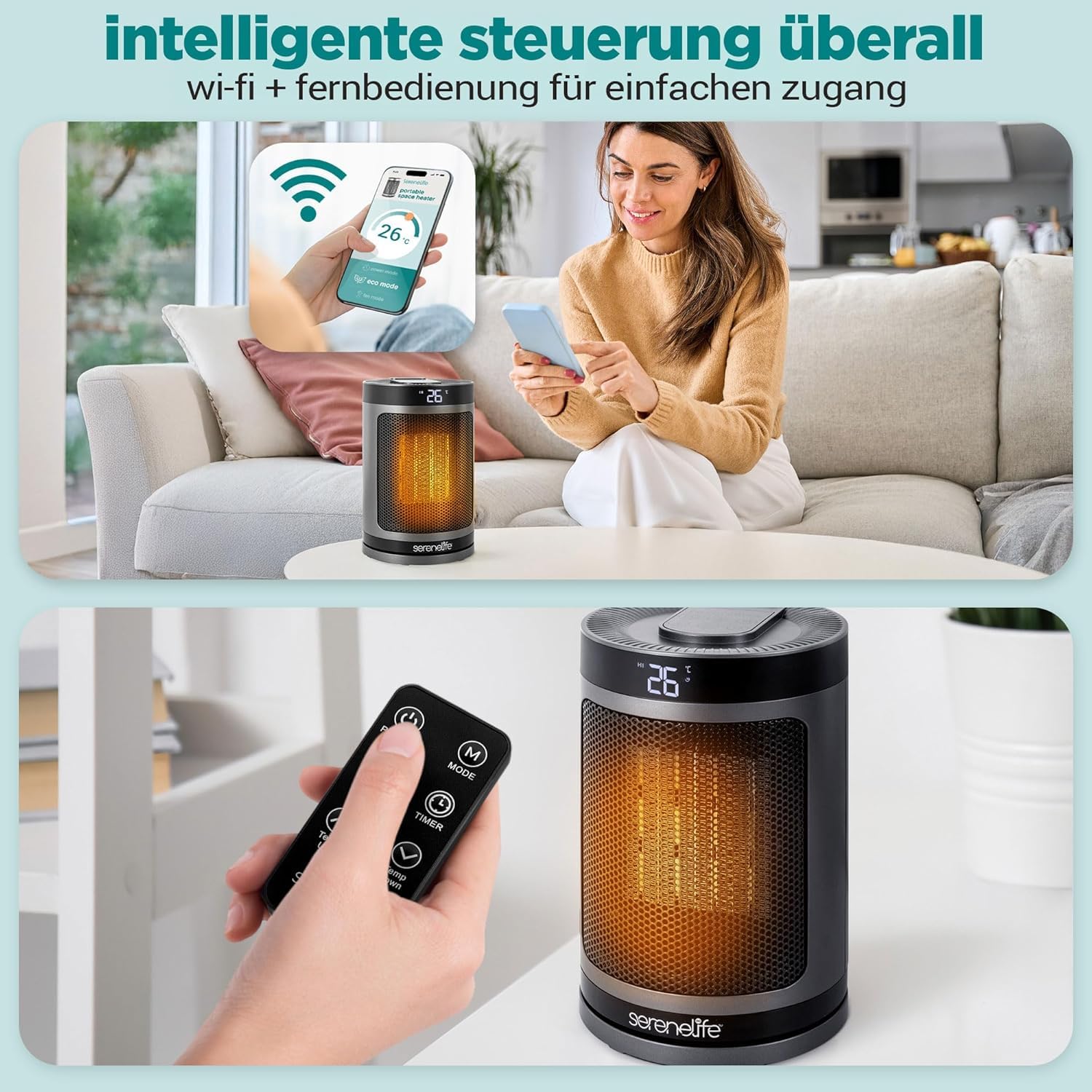 SereneLife Heizlüfter 1500W PTC Keramik, Leise & Energiesparend, WiFi Thermostat mit Fernbedienung, 70° Oszillation