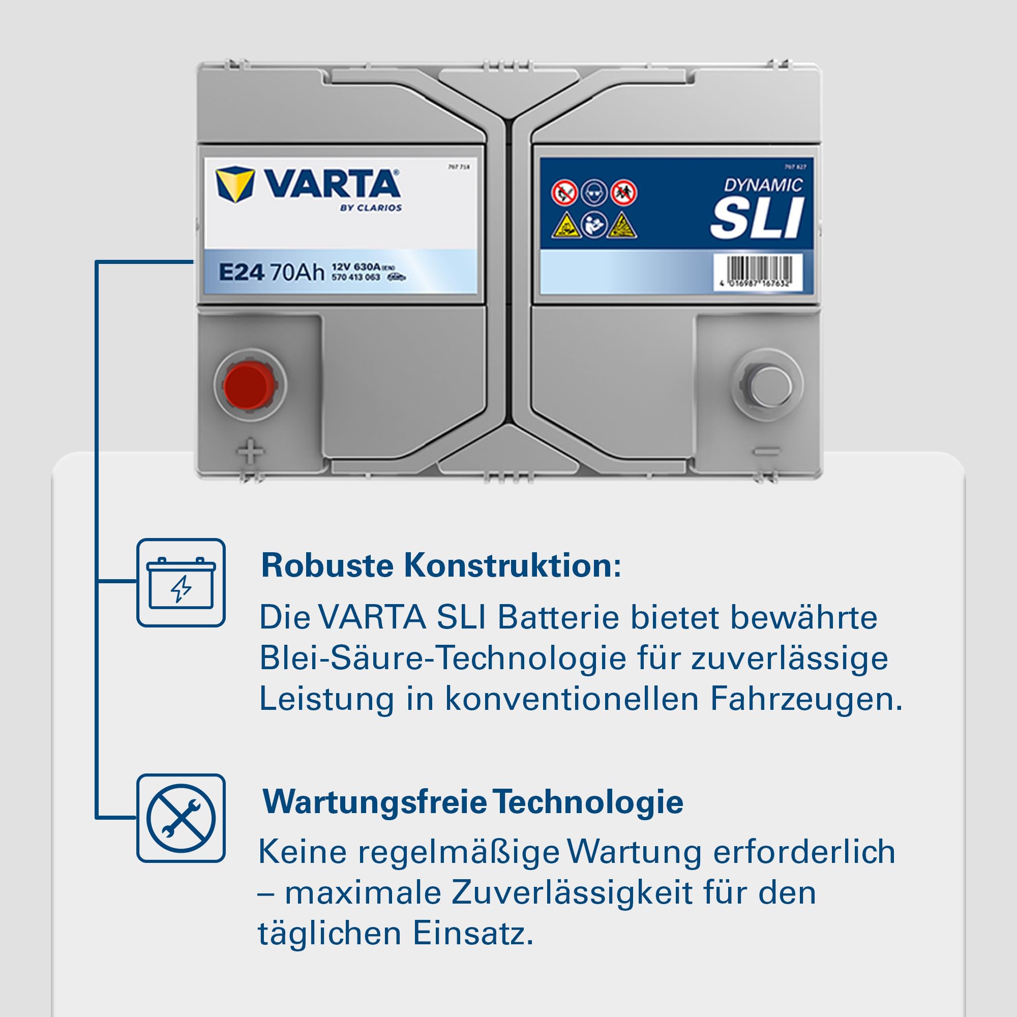 VARTA Automotive DYNAMIC SLI (E24) 12V 70Ah 630A - Nassbatterie KFZ mit Standardausstattung & ohne Start-Stopp System - Starterbatterie für einfachen Energiebedarf - Bleisäurebatterie wartungsfrei