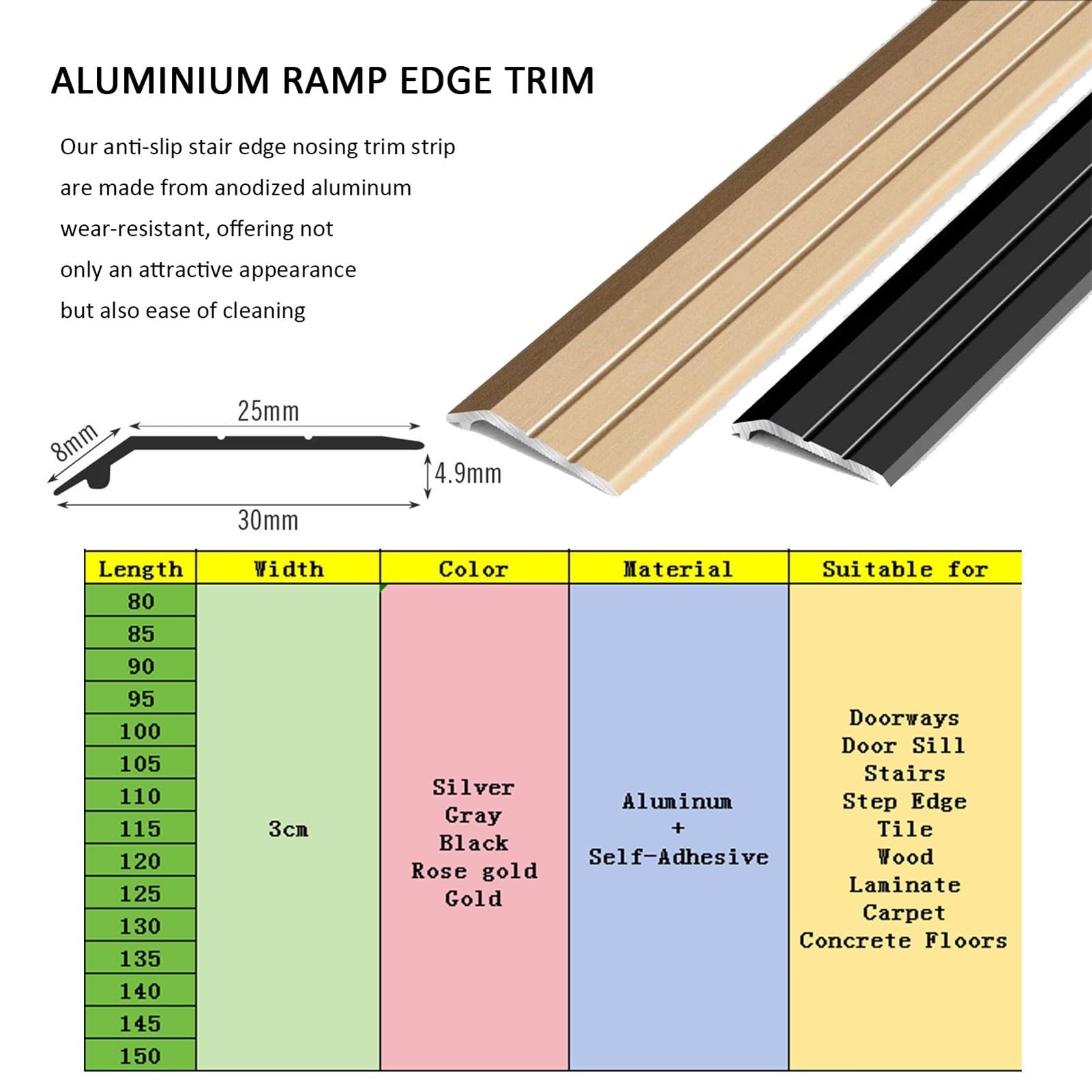 Aluminium Barre de Seuil Adhesive, Profilé de transition en métal