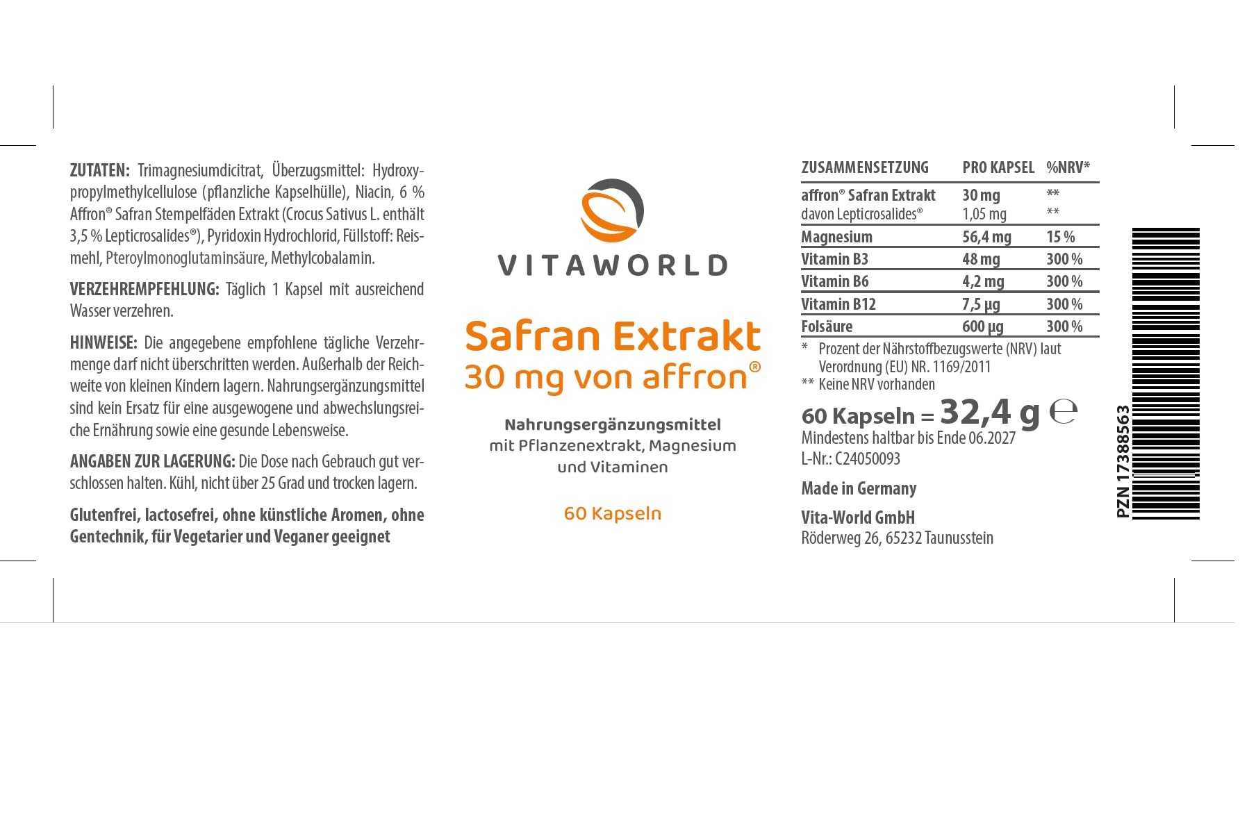 3er Pack Vita World Safran Extrakt 3 x 60 Kapseln 100% natürlicher Safran, Mit Magnesium und B-Vitaminen, Vegan/Vegetarisch Apotheke Herstellung
