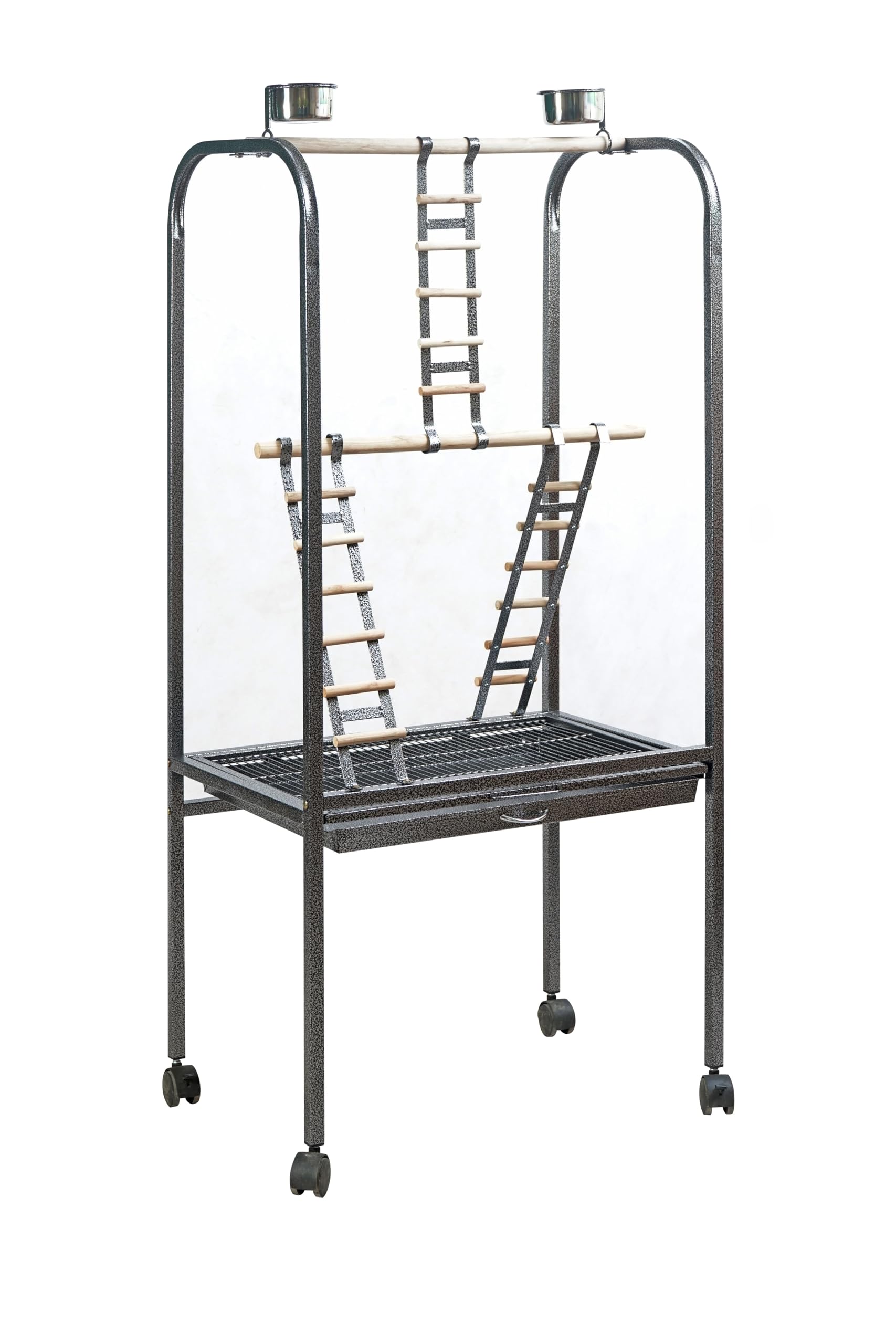 Pet's Solution - Trespolo per Pappagalli Grande e Stabile, Area Gioco con Scale, Posatoi, Mangiatoie in Acciaio, Griglia e Vassoio Estraibile, 4 Ruote, Color Nero Martellato – 64,5x44,5x154h cm