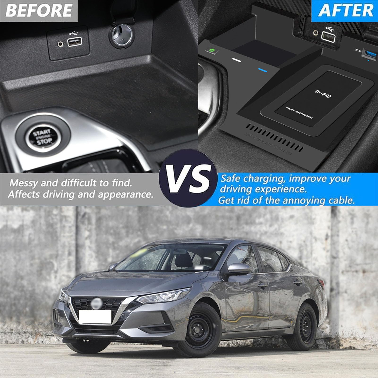 CenNa Caricabatteria per Auto Wireless per Ni-ssan Sentra (2020-2023) Accessorio per Tutti I Modelli con Ricarica Wireless da 15 W E Ricarica USB Qc3.0, Regalo per La Famiglia