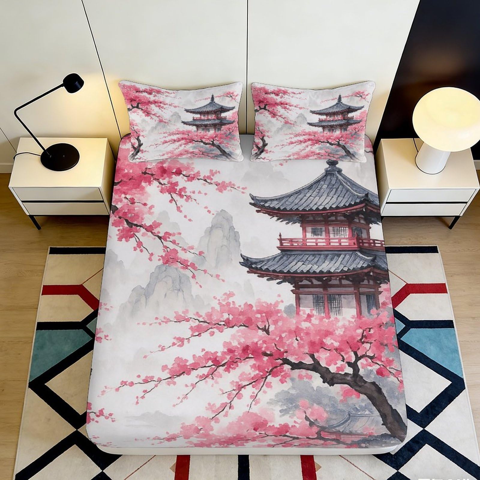 Pnayamiorkfel Style-1 3D Printed Sakura Pagoda Fitted Sheet Microfiber Soft Asian Landscape Bed Cover For Bedroom Guestroom Decor 90X200x25cm