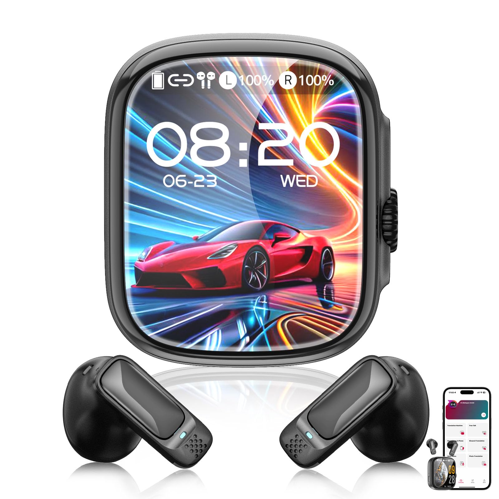 NE72 AI Auriculares Traductores 3 en 1 en tiempo real con pantalla táctil, 165 idiomas, 60 horas de duración de la batería, traductor de auriculares para viajes, comunicaciones, iOS y Android, Negro