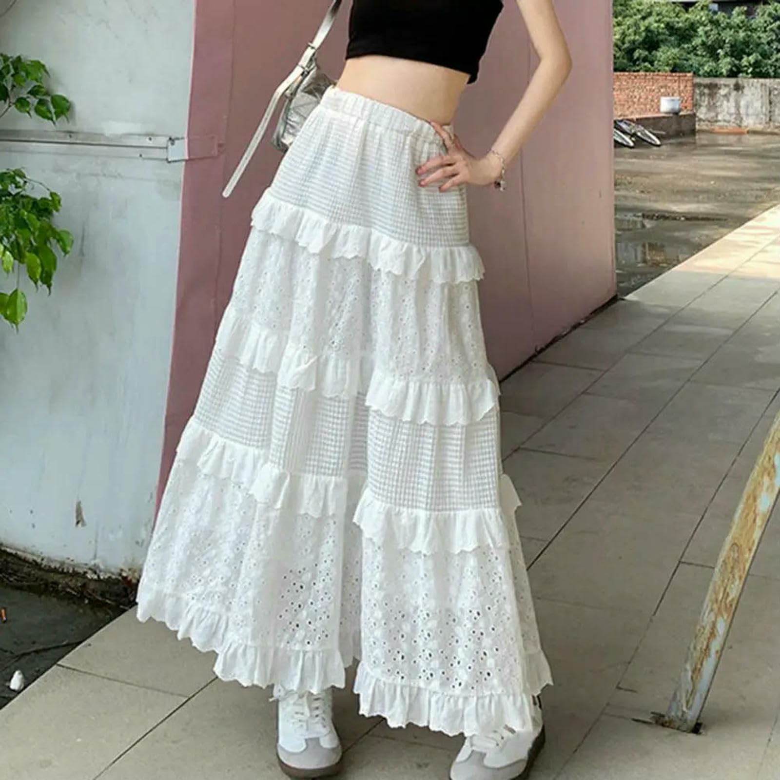 Gonna Lunga Donna Midi di Tulle Gallo all'Uncinetto Cavo Ranorbimento da A Una Galla Elastica in Vita Alta Femmina Piegata Bianca-Bianco-m