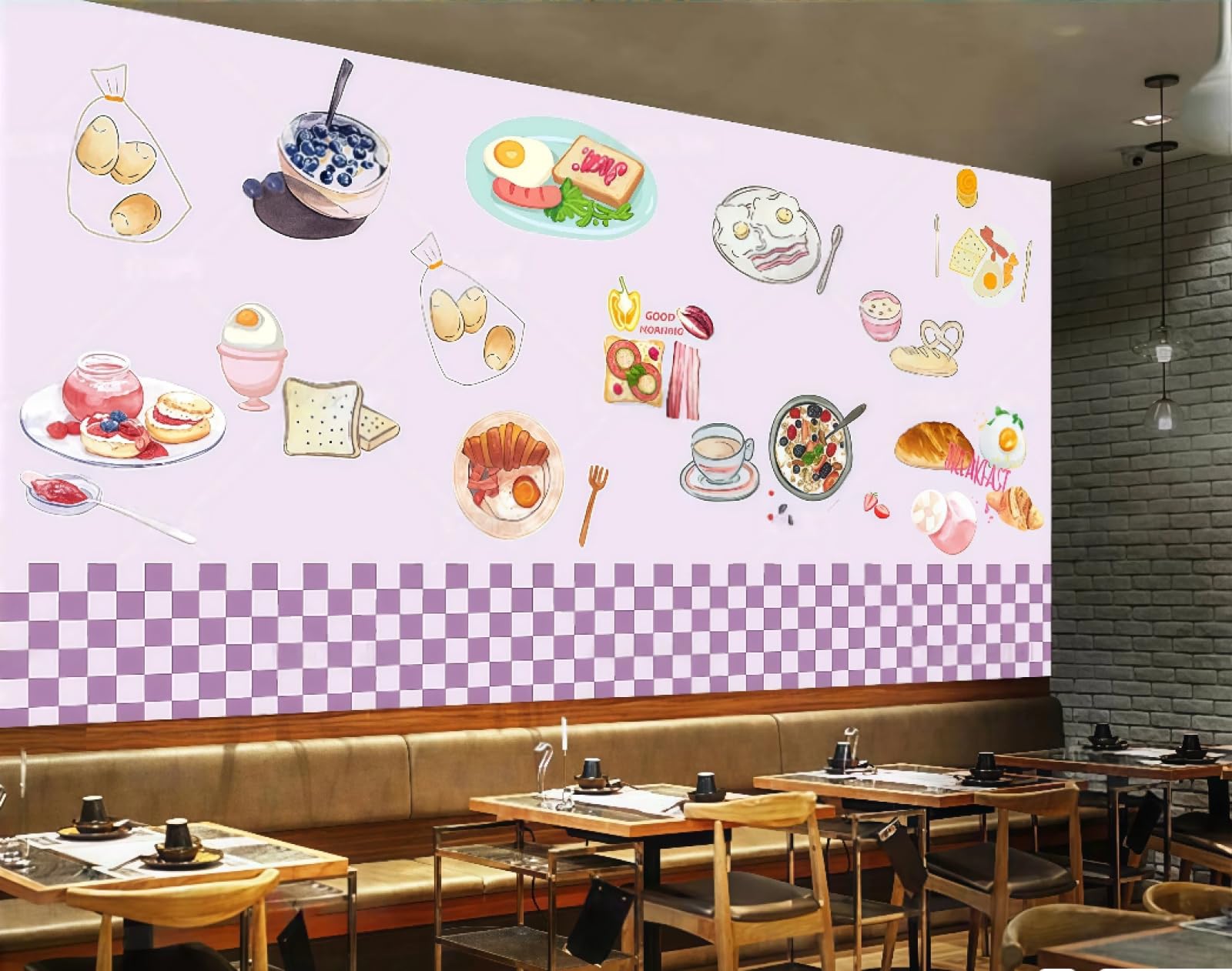 XDOUBAO Wallpaper Hand-Painted Pink Plaid Small Fresh Breakfast Shop Bread Gourmet Drinks Coffee Shop Background Mural Western Restaurant Wallpaper,3D,150x105cm