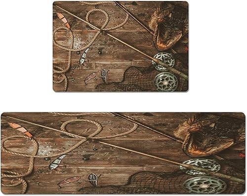 Juego de alfombrillas de cocina, 2 unidades, antideslizantes, impermeables, para cocina, equipo de pesca de pescador en un camino de mesa de madera