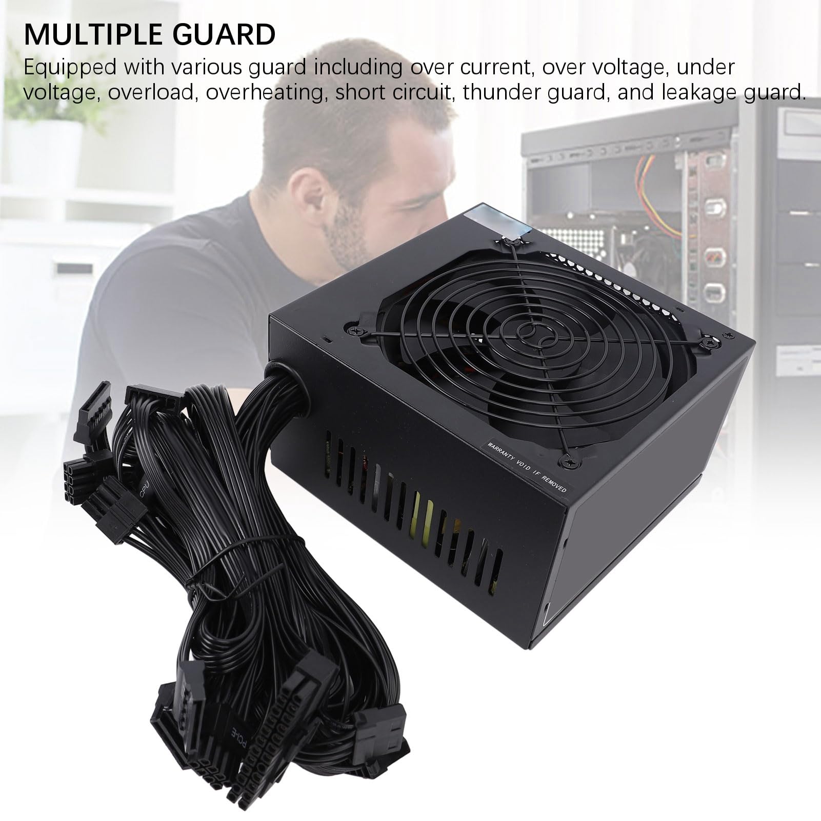Wakects Zasilacz Komputerowy o Mocy 600 W, Zasilacz do Gier ze Stopu Aluminium, Wentylator 12 Cm, Pojedyncza Szyna 12 V, 24 Piny, 4 Plus 4 Piny dla Obudowy ATX, Komputer Stacjonarny, System