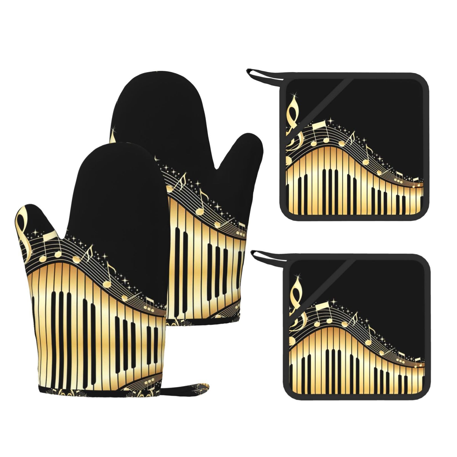 Music Printed Potholder and Oven Mitt Set of 4, High Heat Resistant Cooking Gloves for BBQ Grilling