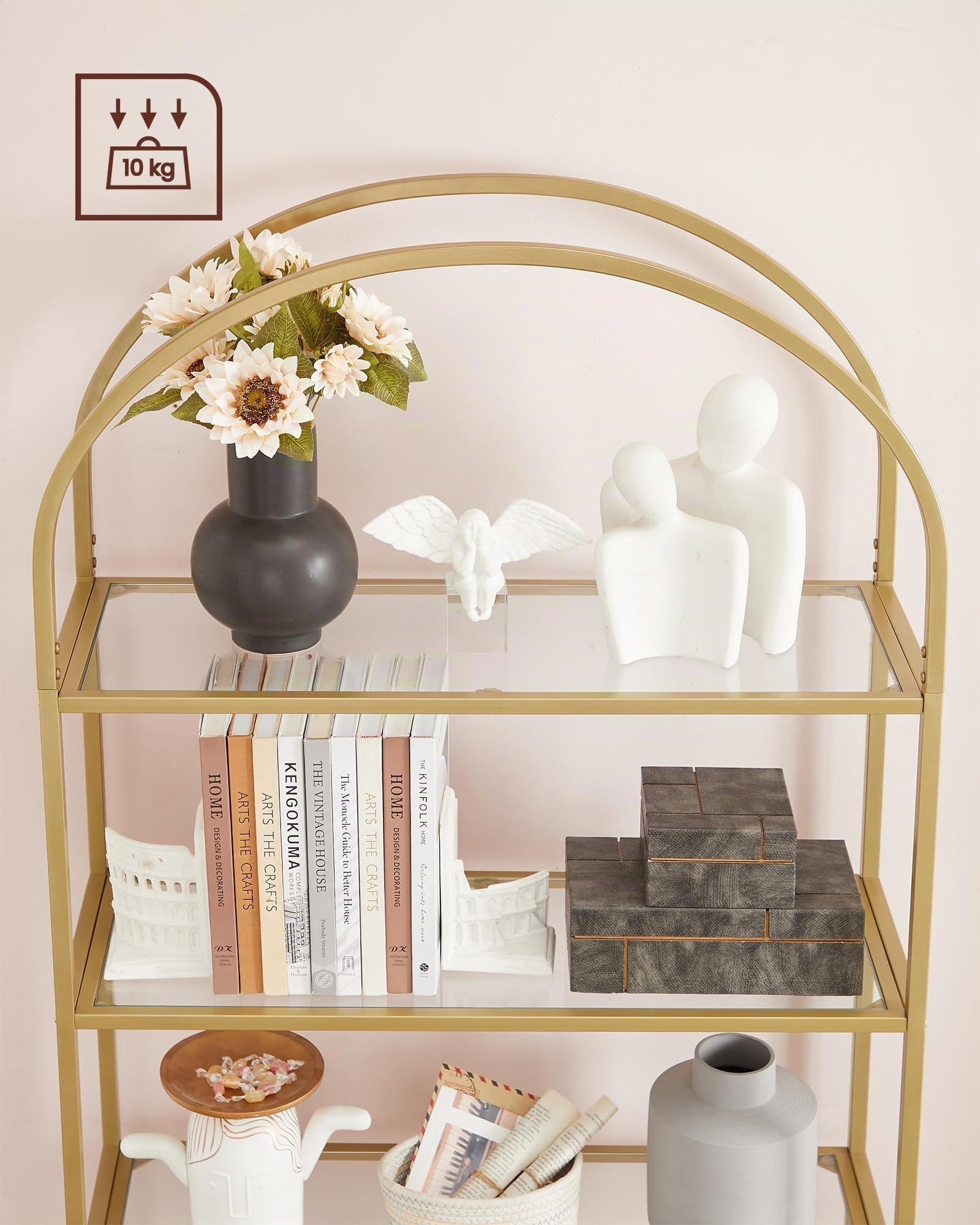 VASAGLE Regal, Bücherregal 5 Ebenen, Standregal aus Hartglas, Aufbewahrungsregal, bogenförmig, Metallstruktur, für Wohnzimmer Schlafzimmer Arbeitszimmer Bad, goldfarben-transparent LGT050A01