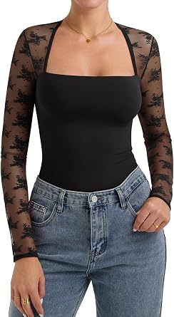 PINKMSTYLE Women Sexy Square Neck Lace Long Sleeve Tops