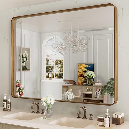 Miniatura 398 de LOAAO - Espejo de tocador para baño con marco de metal negro mate de 24 x 32 pulgadas para pared, rústico, rectangular, grande, redondeado