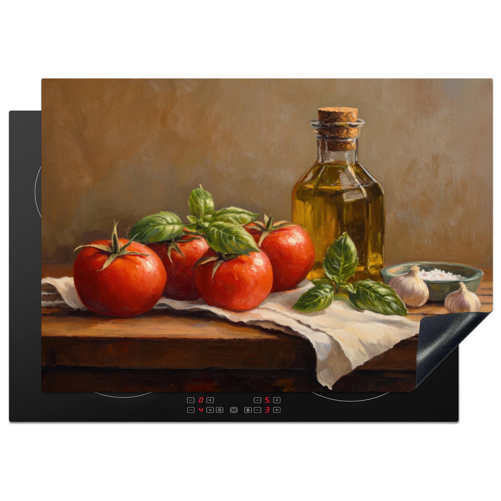 KitchenYeah© Induction Hob Protector Mat 20.5"x29.5" / 75x52 cm Stove Cap Top Cover Kitchen Cooker Covers for Electric Hobs Vinyl Tomatoes - Olive Oil - Still Life