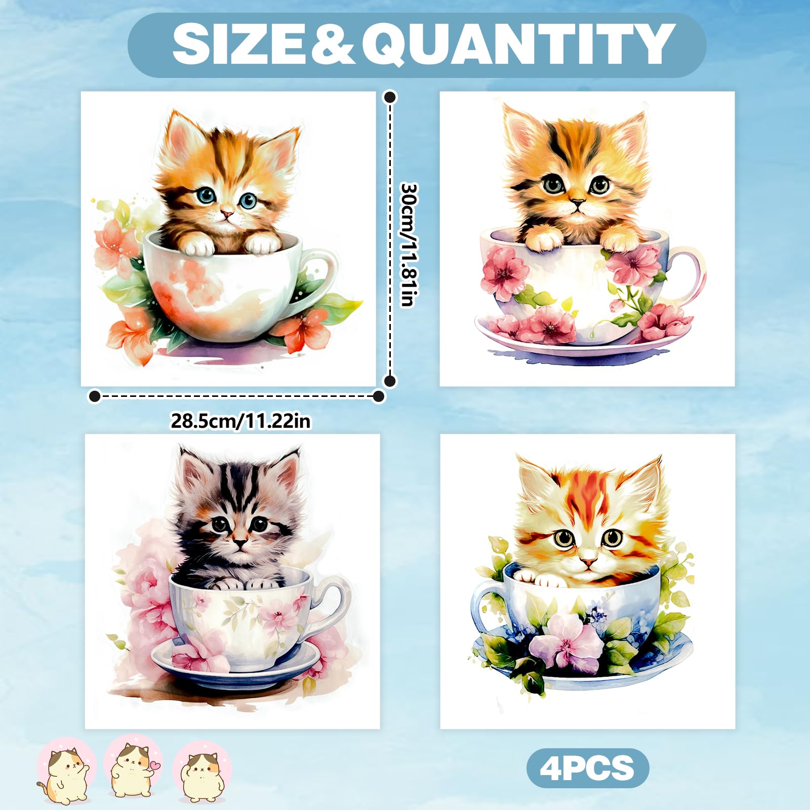 4 Piezas Pegatinas Pared Gato Autoadhesivas, 3D Gato Taza de Té Vinilos Decorativos, Retirable Vinilo Pared Infantil Gato Flor, Impermeable Vinilo Adhesivo Pared Infantil Gato, para Baño
