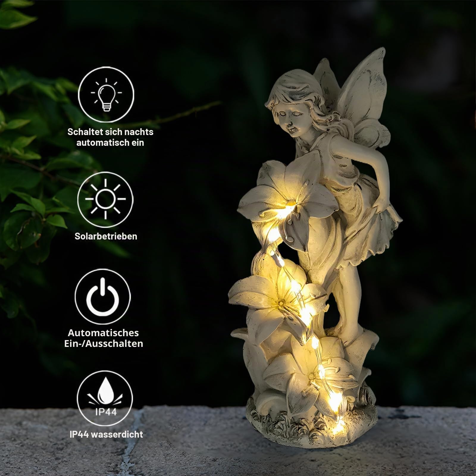 Gartendeko Fee Deko,36 LED Wasserdichte Dschinn Solar Licht,Harz Elfen Gartenstatue,Draußen Wetterfest Gartenfiguren Blumenfee Solar Figur,Fee Engel Skulptur für Rasen,Hof,Terrasse,Fensterbank