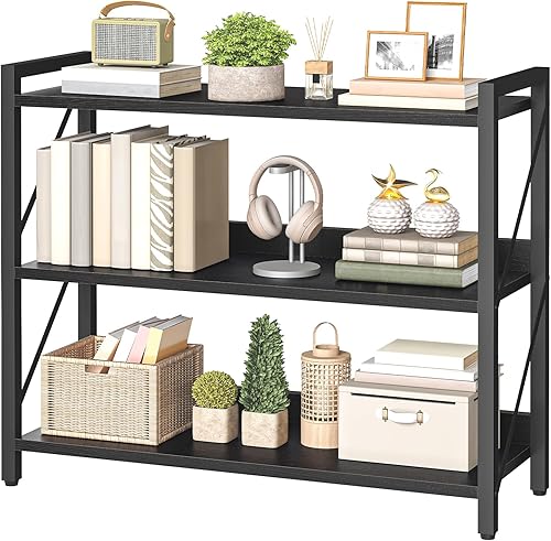 Miniatura 11 de HOOBRO Estantería industrial de 3 niveles, organizador de almacenamiento para libros, estantería pequeña con marco de metal para sala de estar,