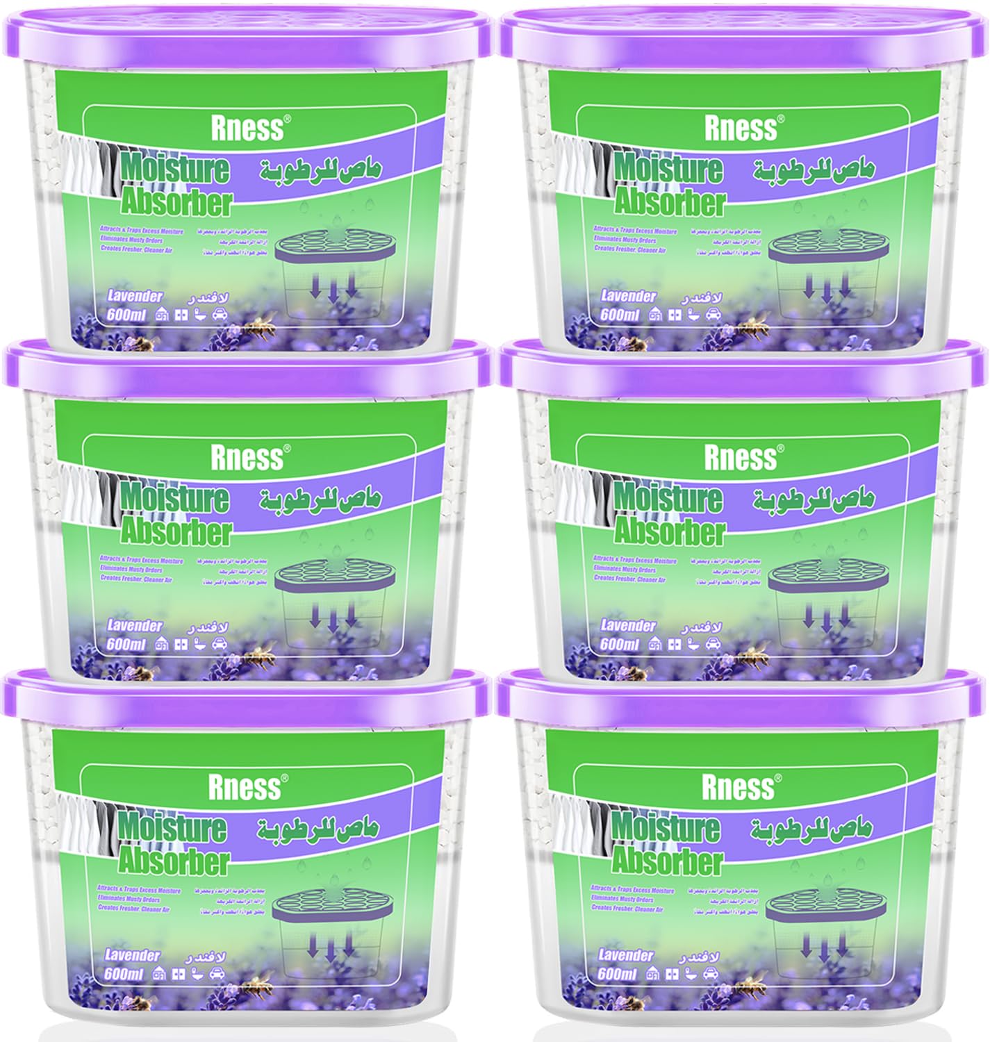Rness Lavender-Scented Moisture Absorber Boxes,6 Pack Humidity Absorber for Closet Wardrobe Kitchen Bathroom, Moldproof Deodorizing Desiccant Dehumidifier Boxes(600ml 10.5Oz Absorption Per)