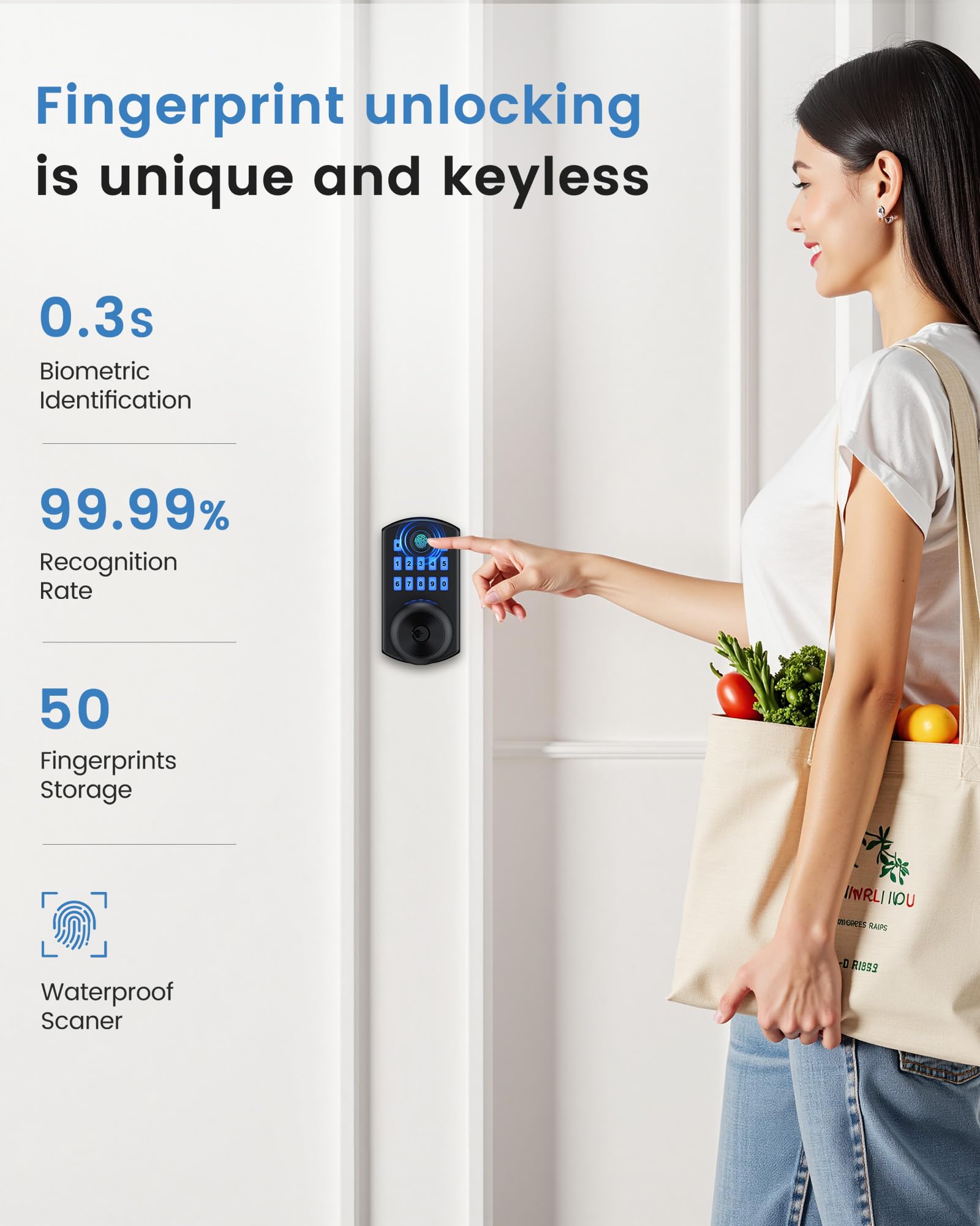 Hidalife Pomello intelligente con tastiera, impronta digitale, serratura senza chiave per porta d'ingresso, modalità di passaggio facile, codice monouso, nero opaco