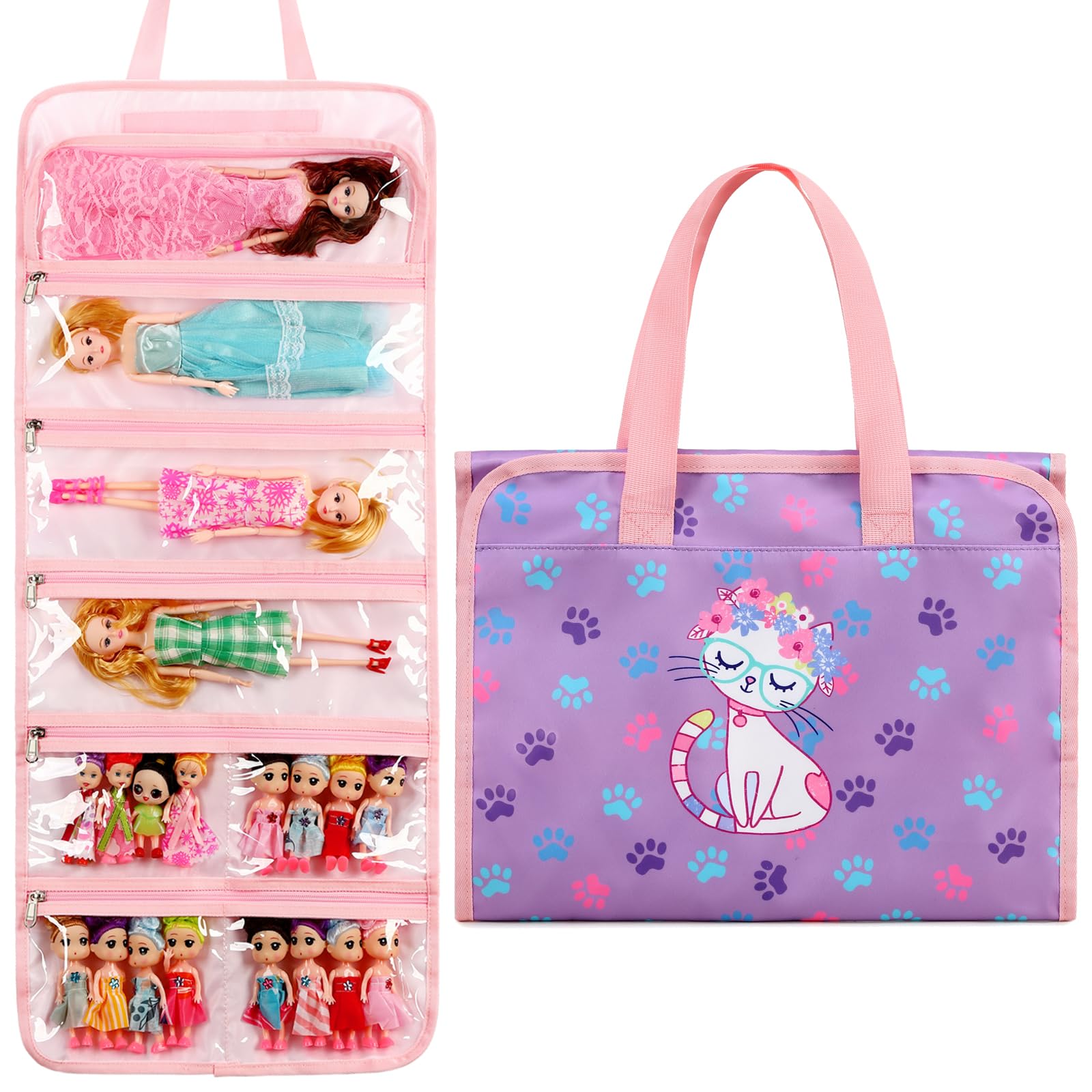Toy Dolls Storage Bag Tote Carrying Case Compatible with LOL Surprise Toys Dolls Omg, Hanging Organizer Storage Bag with 8 Clear Window Pockets, Bag Only (04-Cat Purple)