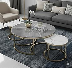 Shoppee Round Marble Look Coffee Table Set of 3 – Contemporary Modern Nesting & Stacking Center Tables with Durable Metal Base for Living Room & Bedroom, Apartments (Gold & Grey - White)