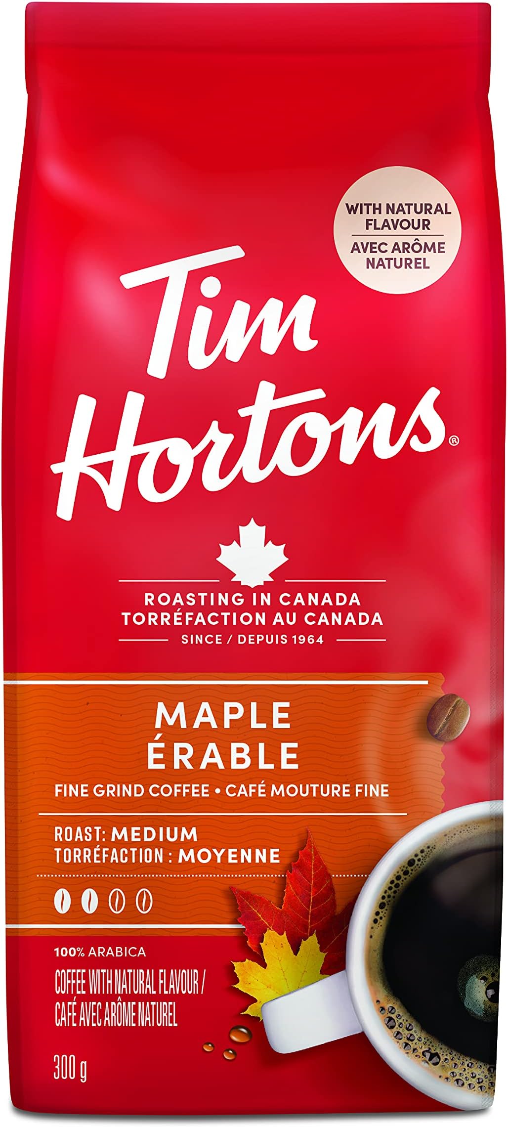 Tim Hortons Maple Coffee, Fine Grind, Medium Roast, 300g/10.6oz, (Imported from Canada)