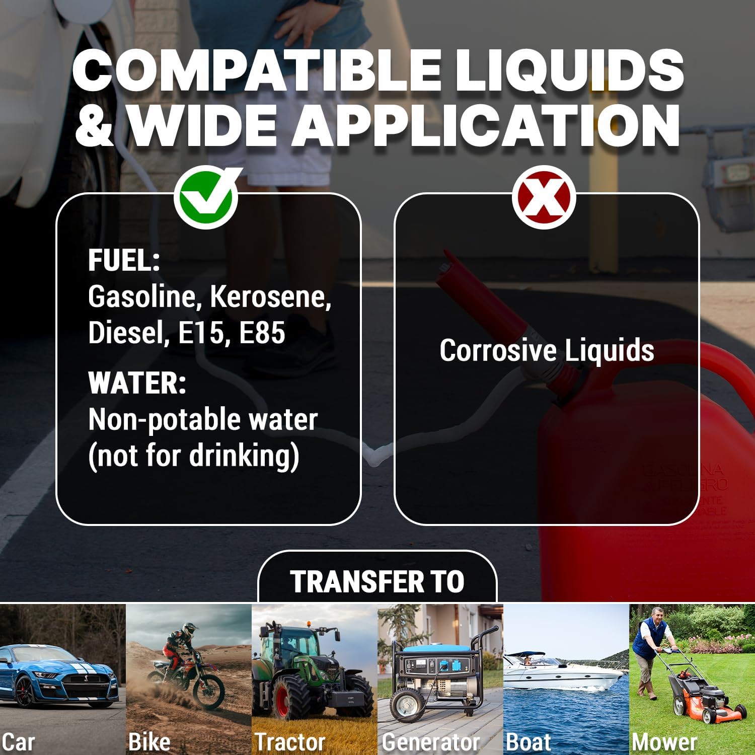 TERA PUMP Automatic Battery Powered Liquid Transfer Pump w/Auto Stop Sensor + 10-FT Extra Long Hose for Water & Fuel - Portable & Compact Hand Fuel Pump, Quick Transfer at 2.2 GPM, Fits All Size Jugs