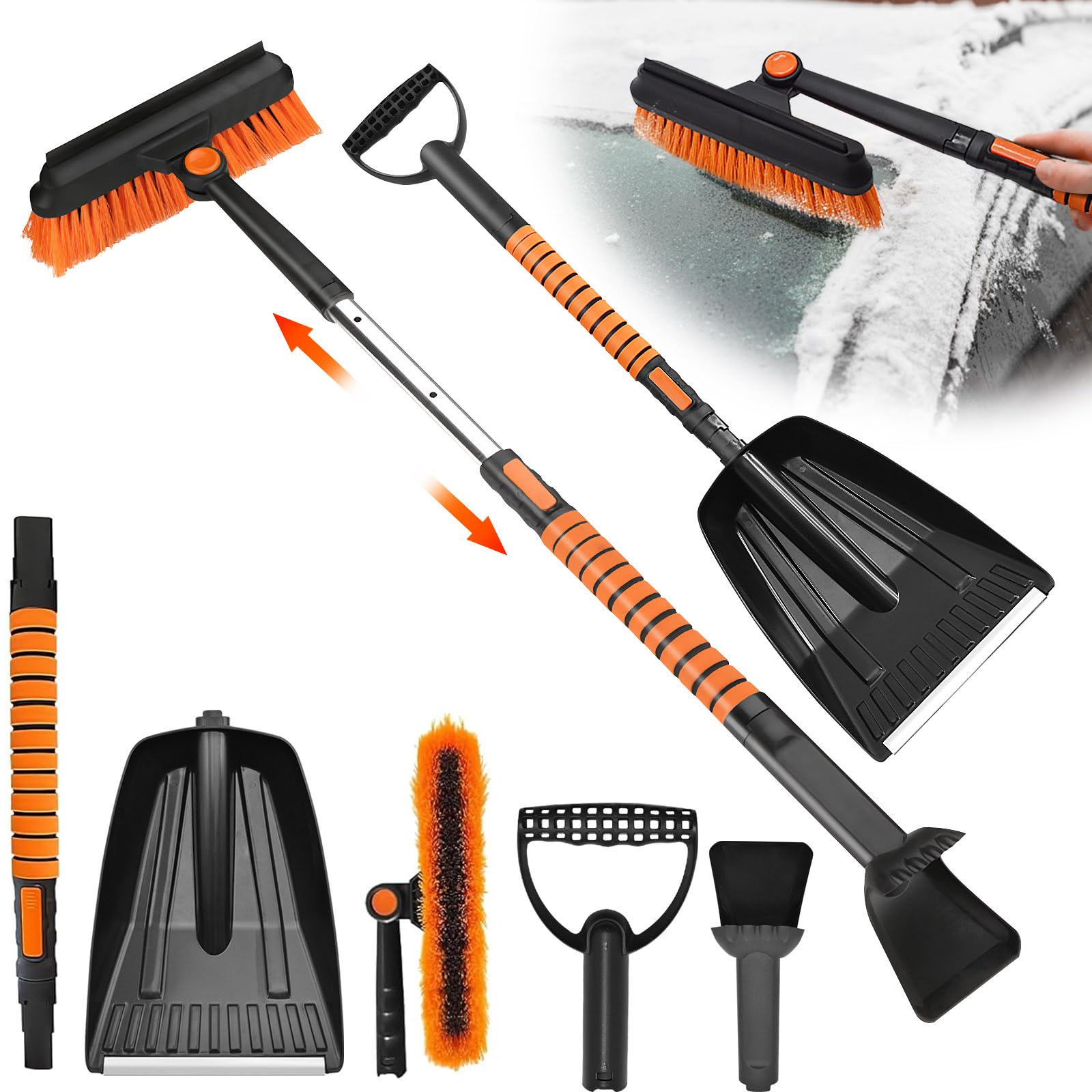 JNUYISW Ice Scraper for Car Windscreen 5-in-1 Detachable Telescopic Snow Shovel 180° Rotatable Snow Brush with Ergonomic Foam Grip Portable Car Winter Kit for Cars Trucks