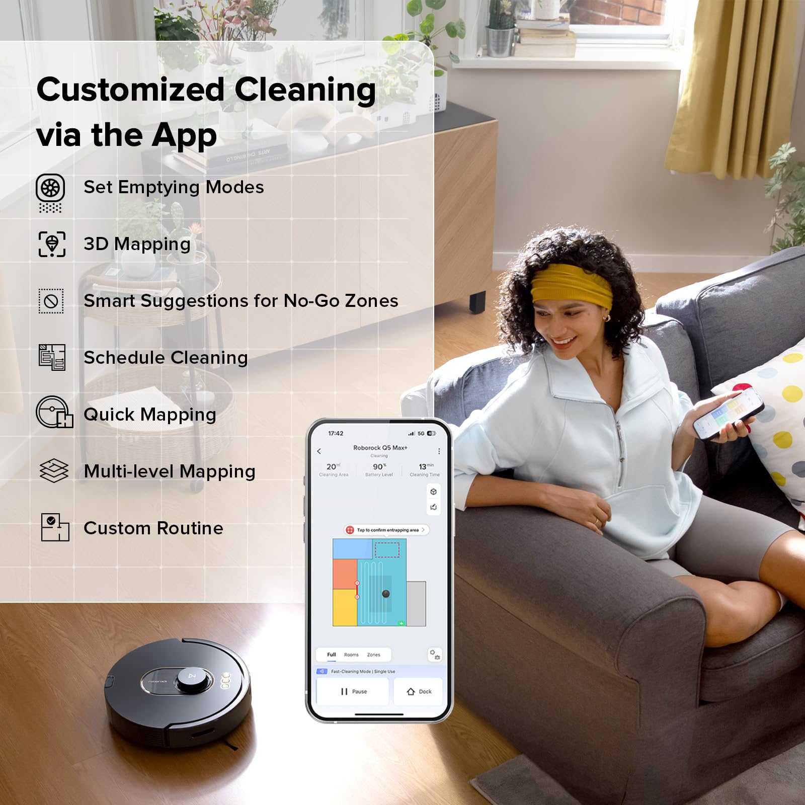roborock Q5 DuoRoller+ Robot Vacuum with Self-Empty Dock, Upgraded from Q5+, 5500 Pa Suction, DuoRoller Brush for Dust & Pet Hair, 7 Weeks Hands-Free, PreciSense LiDAR Navigation, App & Voice Control view 7