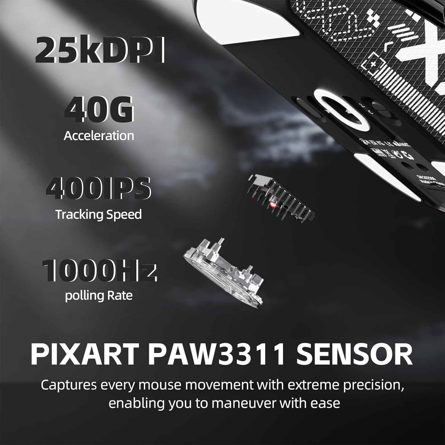 ATTACK SHARK G3PRO Wireless Gaming Mouse with RGB Charging Dock,2.4G/USB-C Wired/BT PAW3311 Optical Sensor 1K Polling Rate Adjustable 25K DPI,500mAh Battery Ultra Lightweight 59g Mice(Black&Griptape)