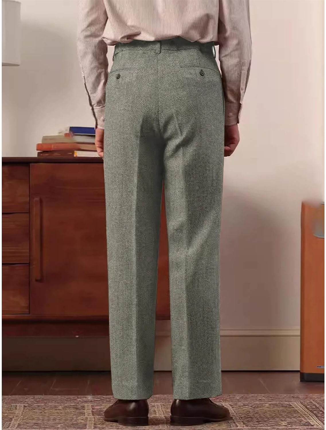 Men's Spring Elegant Tweed Fabric High Waist Straight Leg Suit Pants with Button Pleats and Check