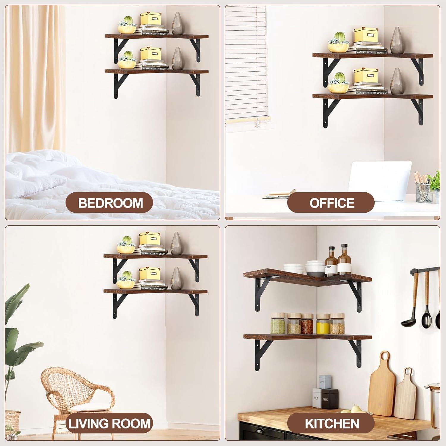 Corner Floating Shelves Set of 4,L-Shaped Wall Mounted Shelf,Rustic Wood Corner Shelvesfor Wall Storage and Decor,Wall Mounted Wood Shelves for Kitchen Living Room Bedroom,Dark Brown