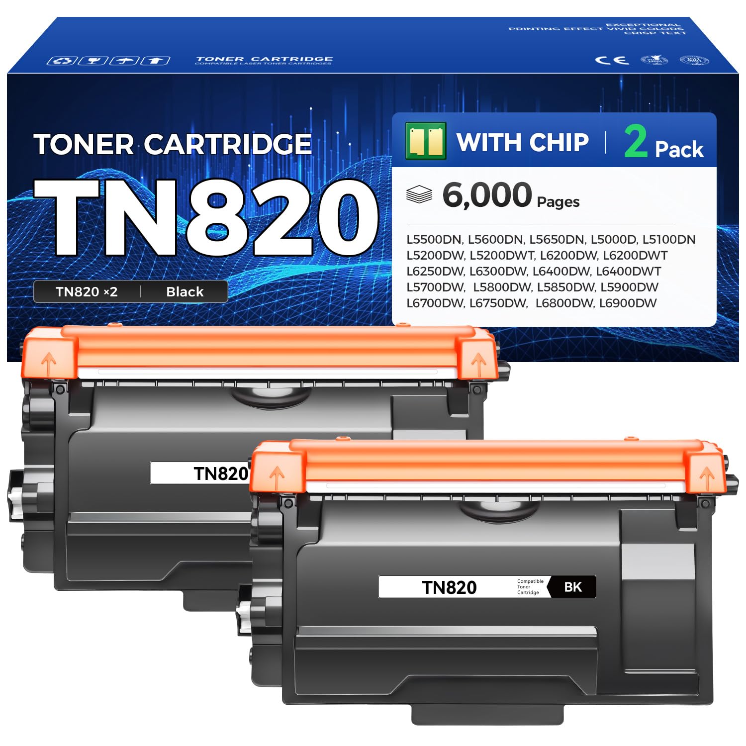 TN820 Toner Cartridge Black 2-Pack High Yield Replacement for Brother TN-820 TN-850 TN-880 Toner Compatible with Brother HL-L6200DW MFC-L5850DW