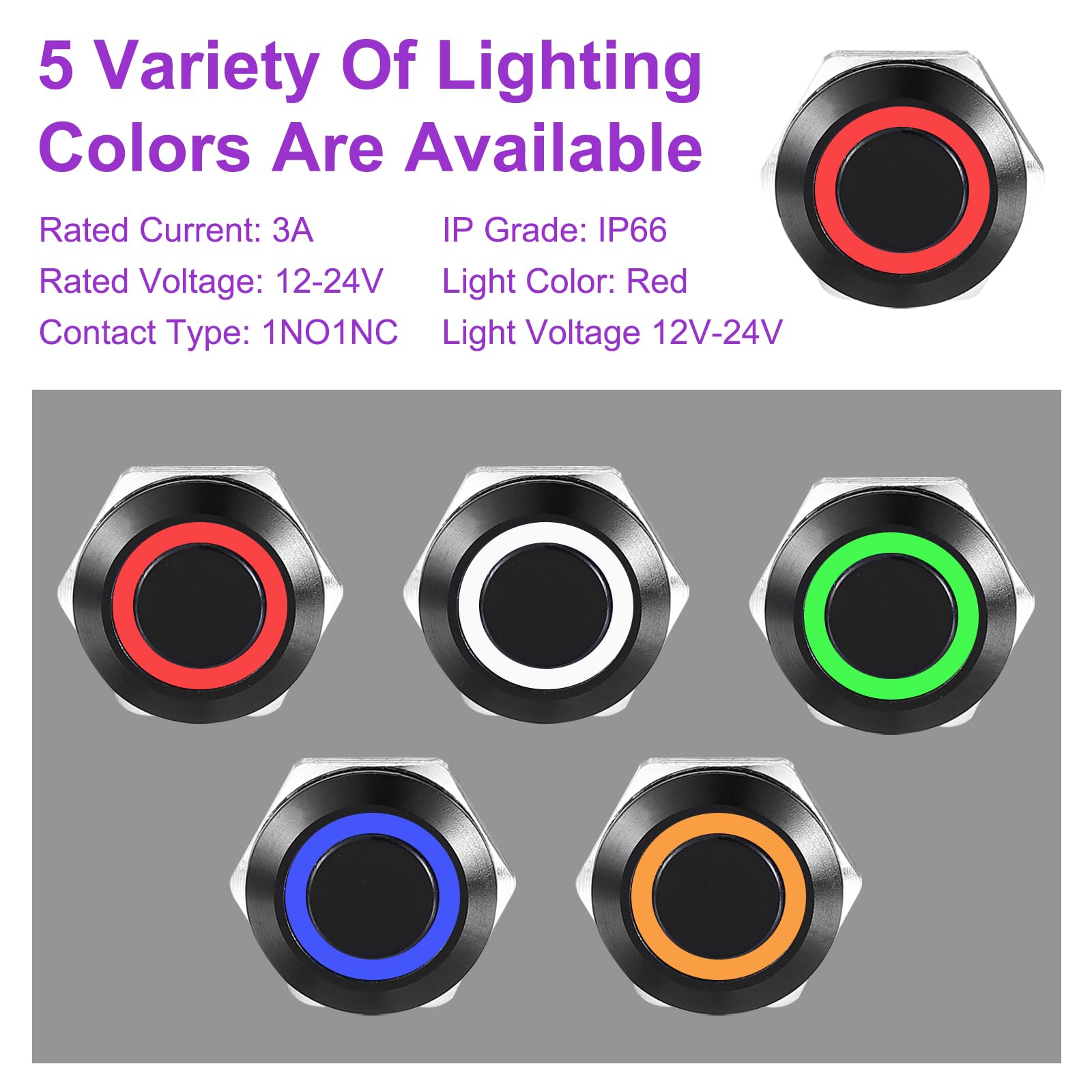 DMiotech 2 Pcs 5/8" Aluminium Alloy Momentary Push Button Switch 5Pin 1NO1NC 3A 12-24V Black Flat Button Red Ring Lamp with Socket Plug with Wire for Car Boat Systems - Image 3
