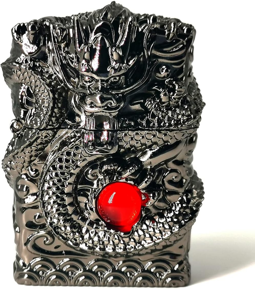 Lighters Carving Dragon Vintage Trench Lighter Reusable Antique Kerosene Grinding Wheel Lighter for Collection-Decorative-Gift-Present (Black)