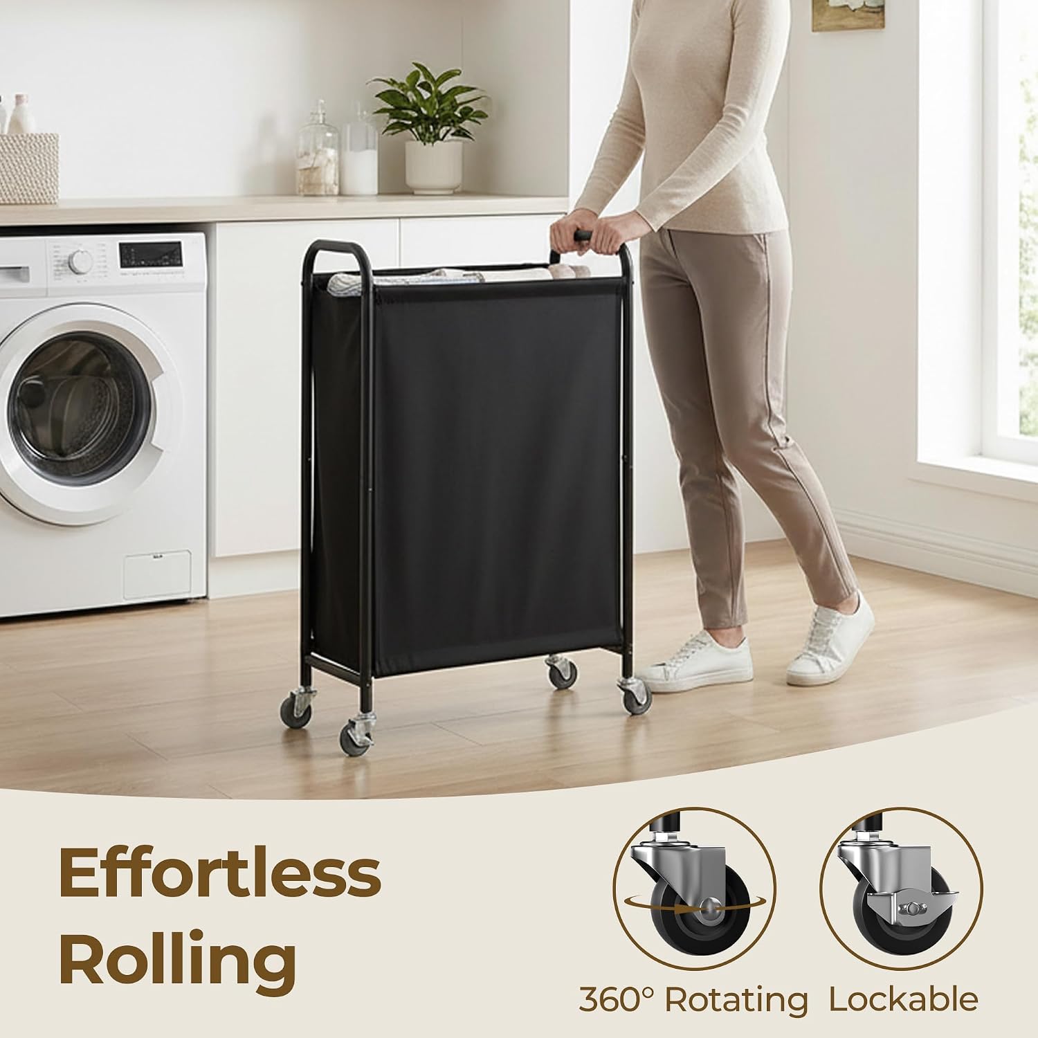 GRANNY SAYS Laundry Hamper, Slim Basket with Wheels and Handles, Black, 80L image 5